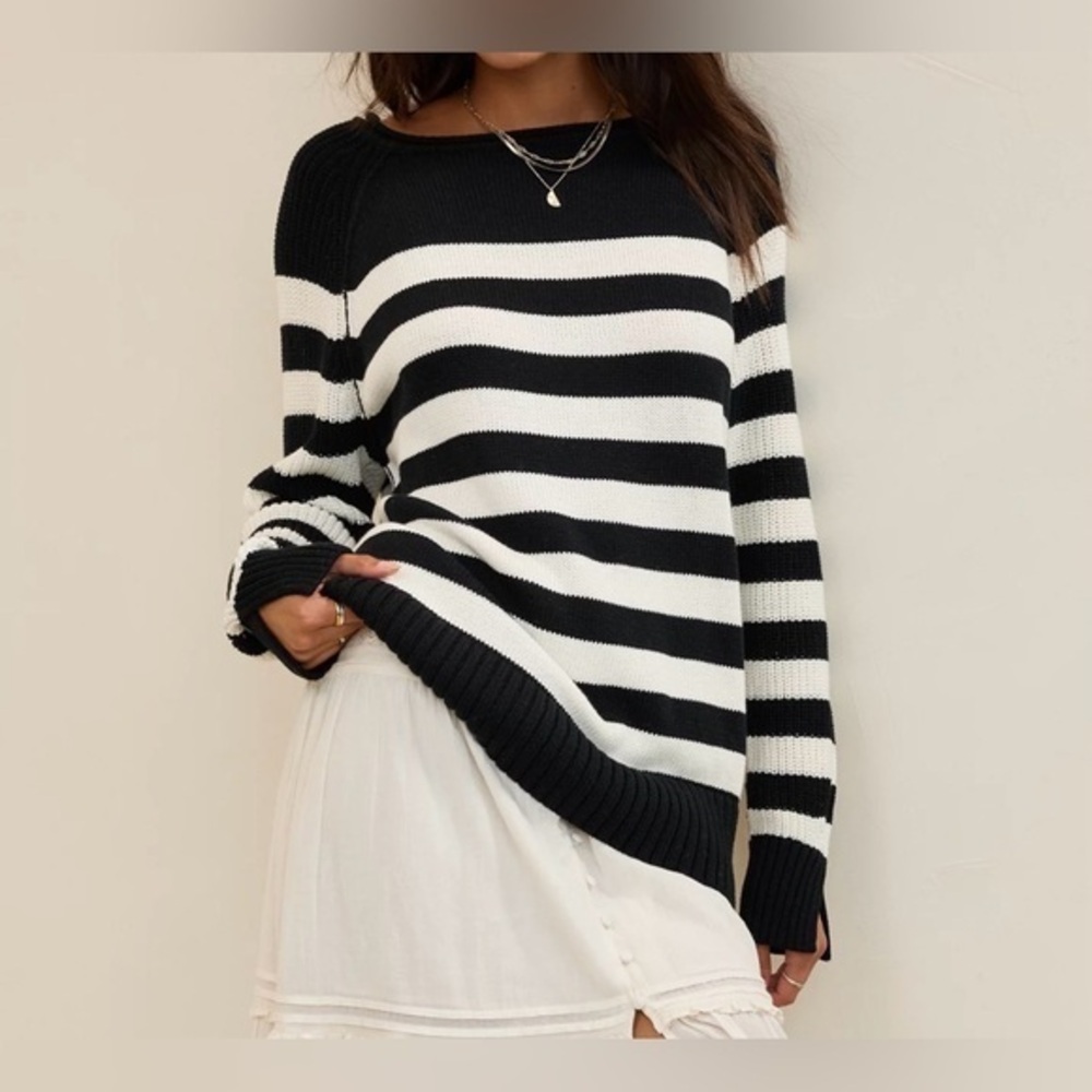 Aerie Black and White Striped Oversized Fit Sweater